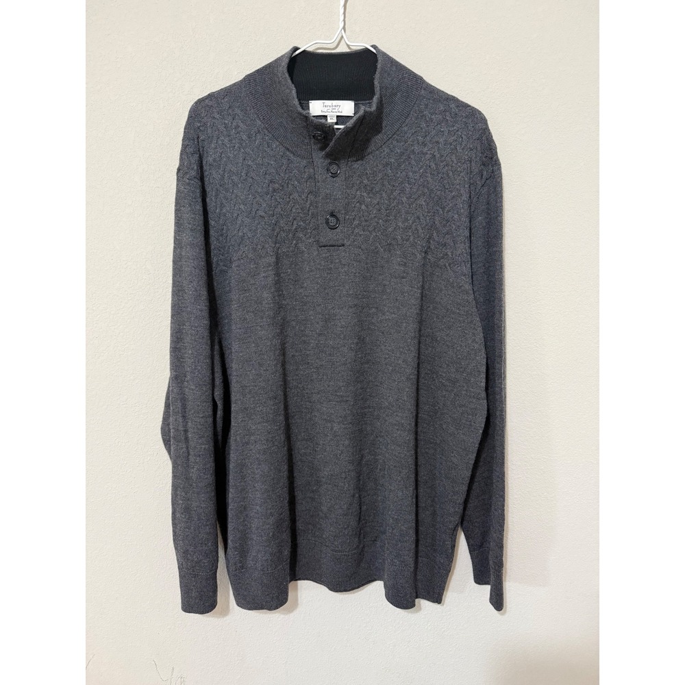 Turnbury Merino Wool Sweater Mens XL Gray Mock Neck‎ Button Knit Pullover